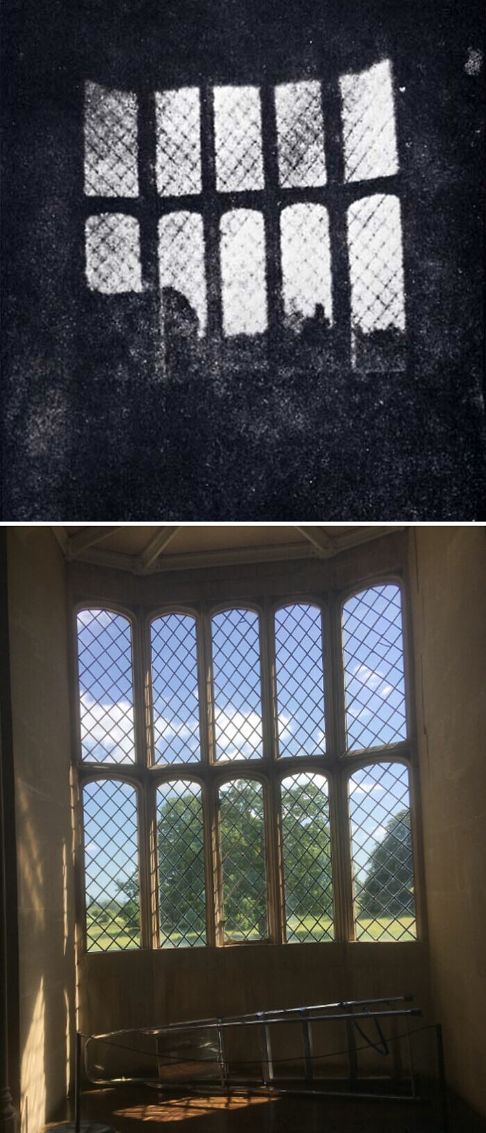 29. Старейший из сохранившихся негативов - окно в аббатстве Лакок, Англия, 1835 и 2022 годы
