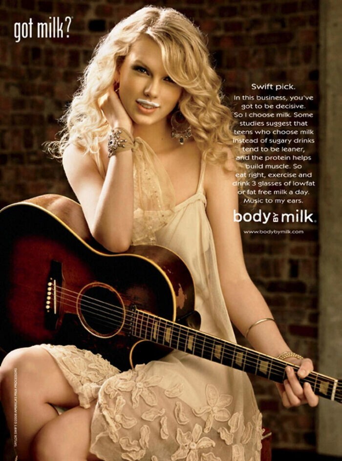 9. Тейлор Свифт для кампании Got Milk?, направленной на увеличение потребления коровьего молока