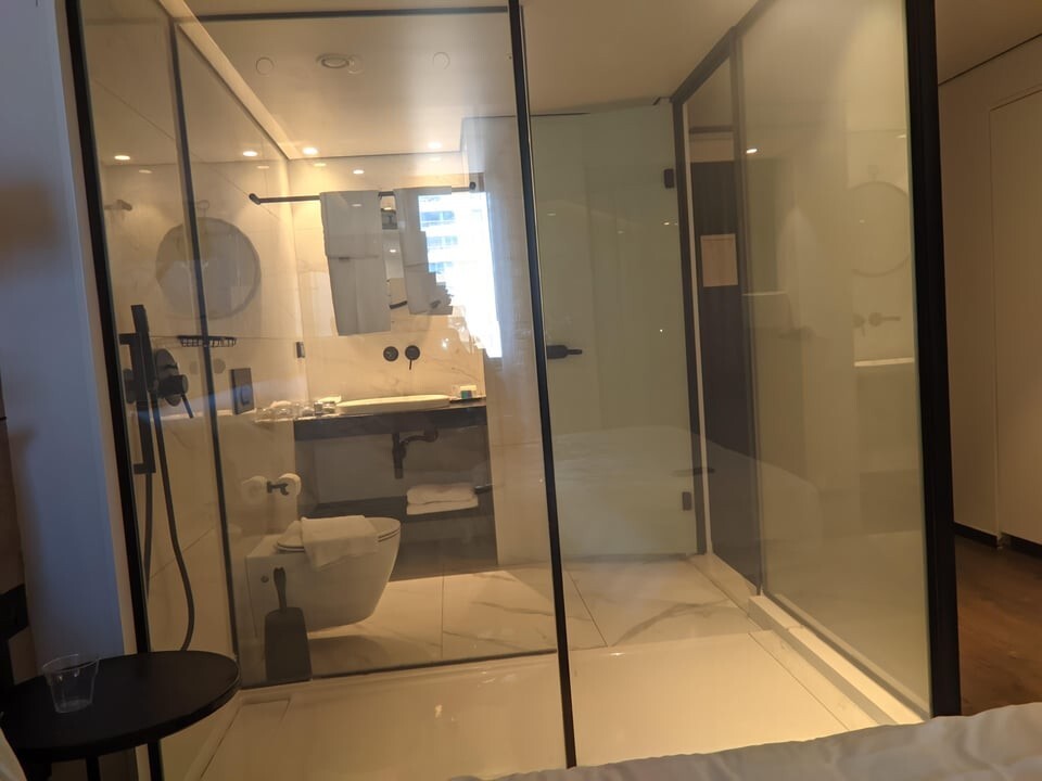 15. Ванная комната с прозрачной стеной в отеле