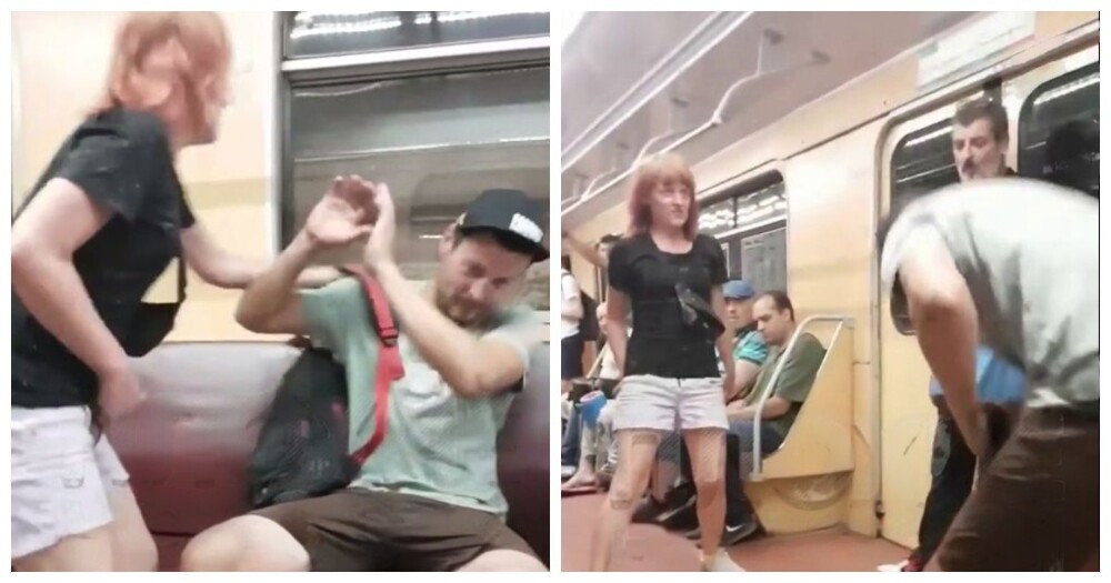 В московском метро пьяная женщина накинулась на парня из-за рюкзака