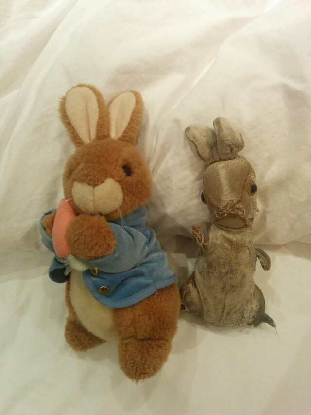 4. "23 года назад моей девушке подарили две одинаковые игрушки в виде кролика Питера. С одной она не расставалась, а вторую убрала в шкаф"