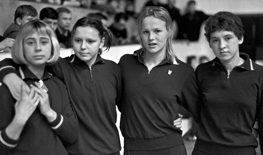 Чемпионки СССР по плаванию. Слева направо: Татьяна Савельева, Тамара Соснова, Светлана Бабанина и Татьяна Девятова (1966)