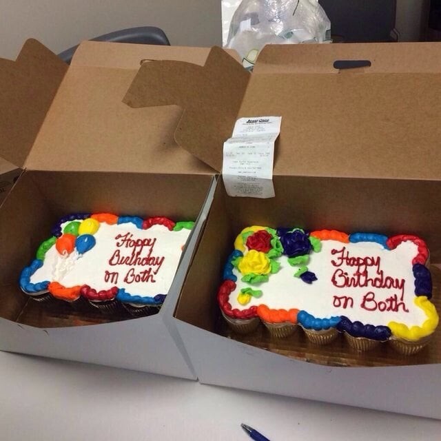 14. Кондитера попросили написать "С днем рождения" на обоих тортах, но так и сделал