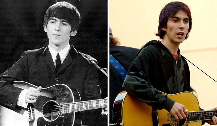 1. Джордж Харрисон (гитарист The Beatles), когда ему было за 20, и его сын Дхани Харрисон в 25 лет