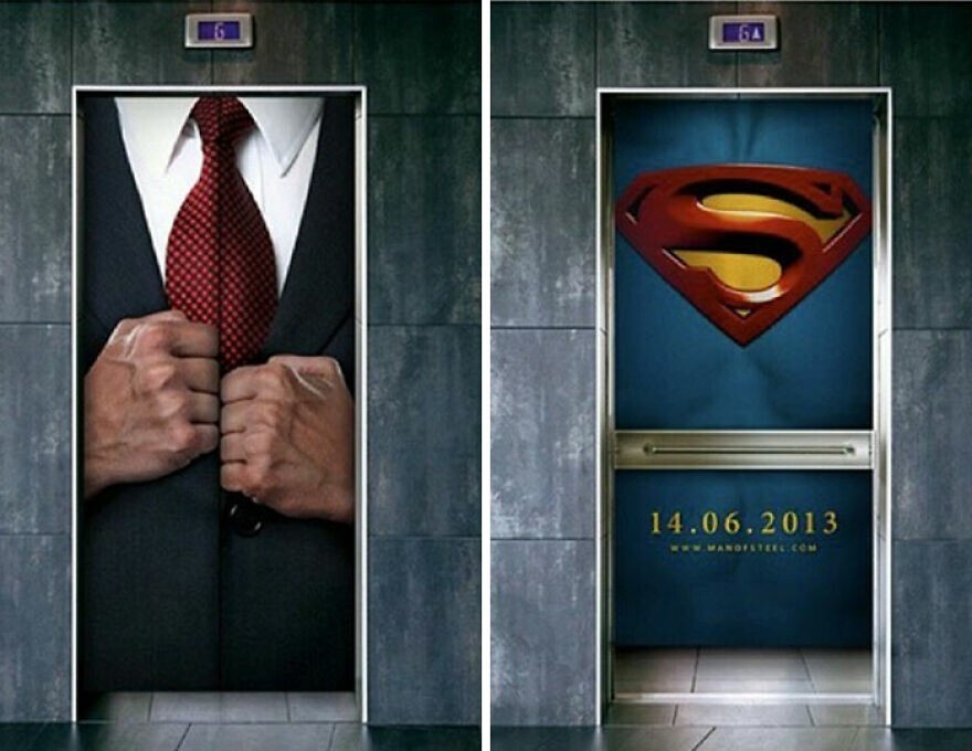2. Реклама премьеры «Возвращение Супермена 2: Человек из стали» на двери лифта и внутри него