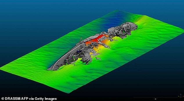 Многолучевой эхолот, установленный под корпусом исследовательского судна André Malraux, помог создать красочное 3D-изображение
