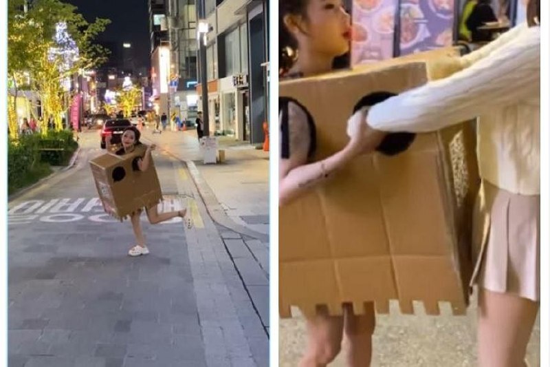 Девушка в коробке вызвала возмущения в сети из-за неприличного трюка на улицах Сеула