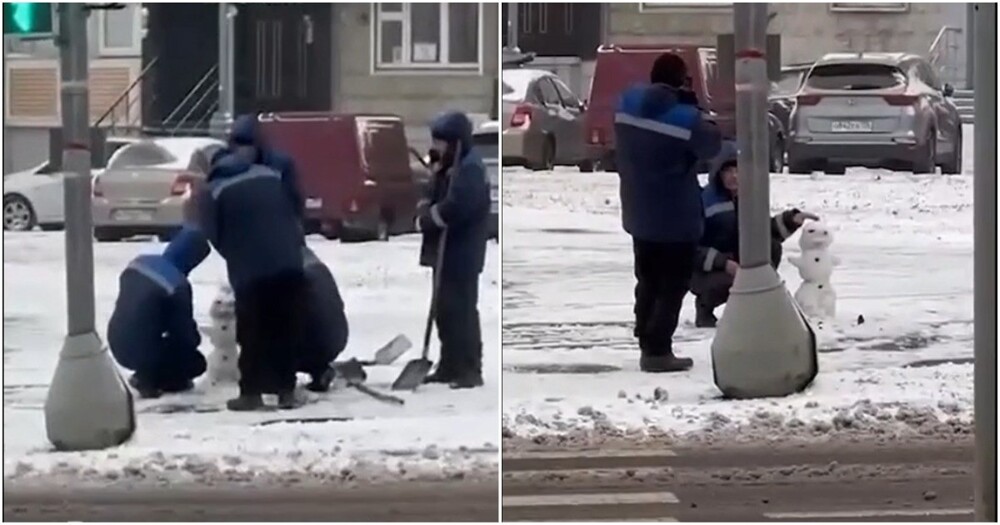 Московские дворники доказали, что перед лепкой снеговика устоять невозможно даже взрослым