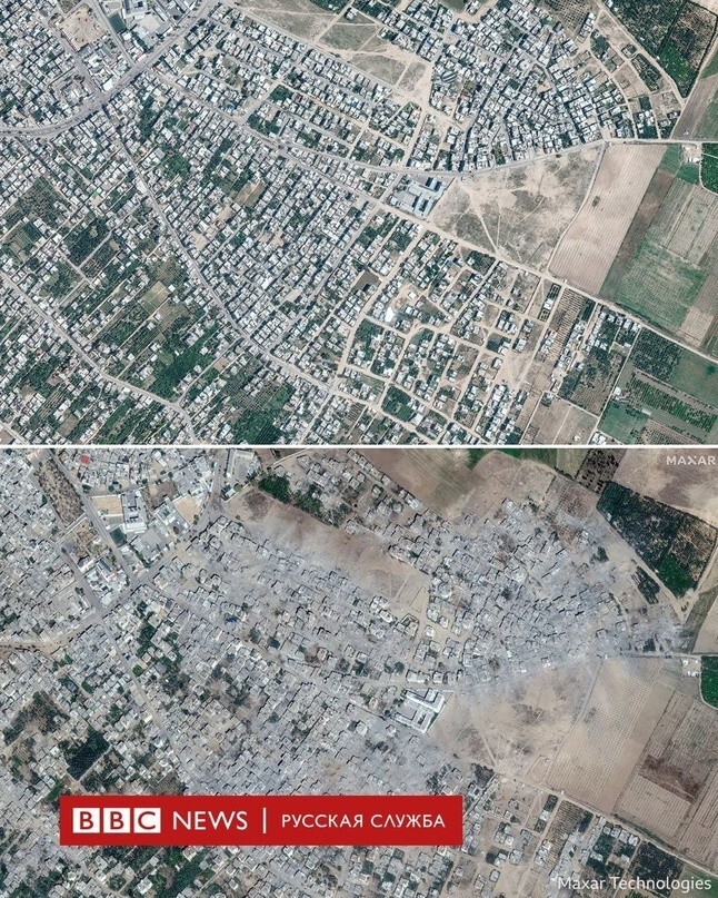 Би-Би-Си публикует снимки Газы с воздуха до операции Израиля и сейчас. И одновременно Би-Би-Си пишет о том, как "Россия варварски бомбит украинские города".