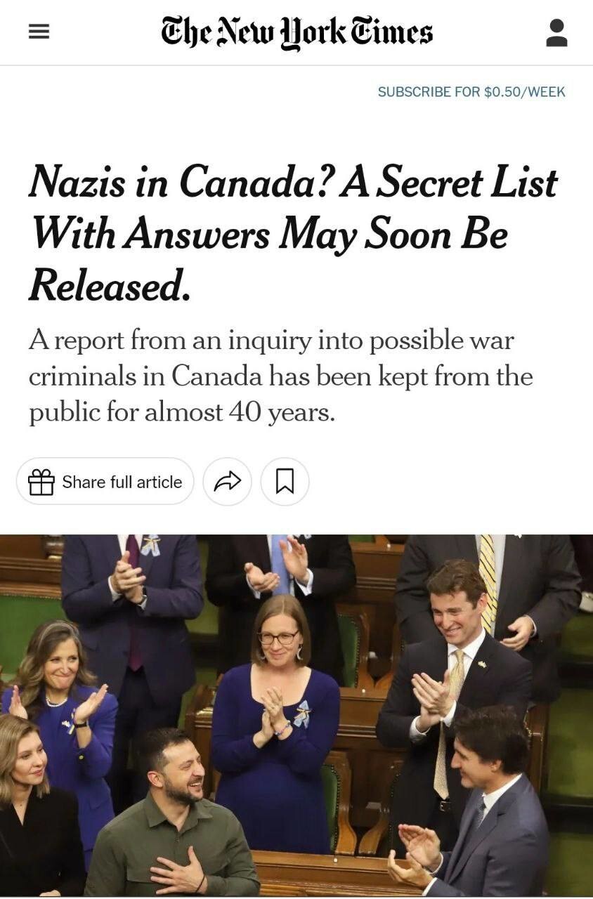 The New York Times сообщает, что якобы готовится публикация неких материалов, подтверждающих, что в Канаде укрывались нацисты. Да неужели!?