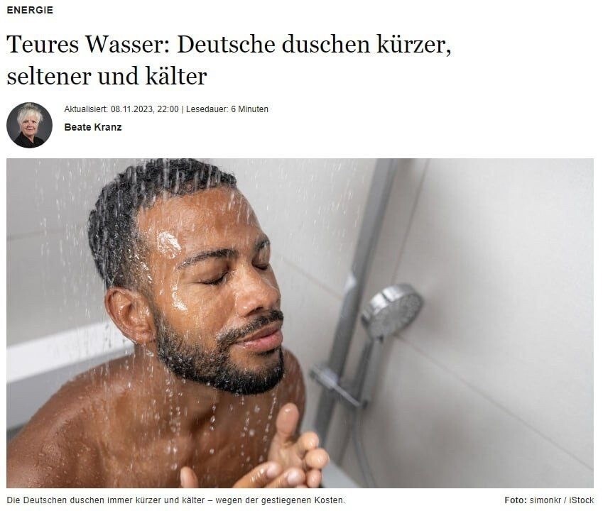 Интересный заголовок.А фото еще интереснее. Именно так я сейчас представляю типичного немца. «Каждый пятый житель Германии принимает душ холоднее, чем ранее»