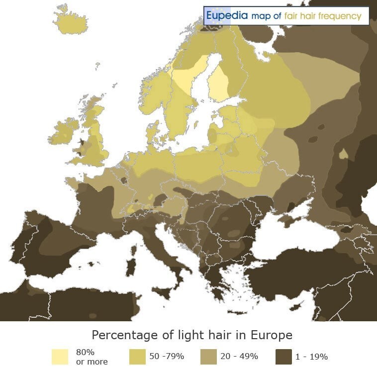 21. Процент светлых и каштановых волос в европейских странах