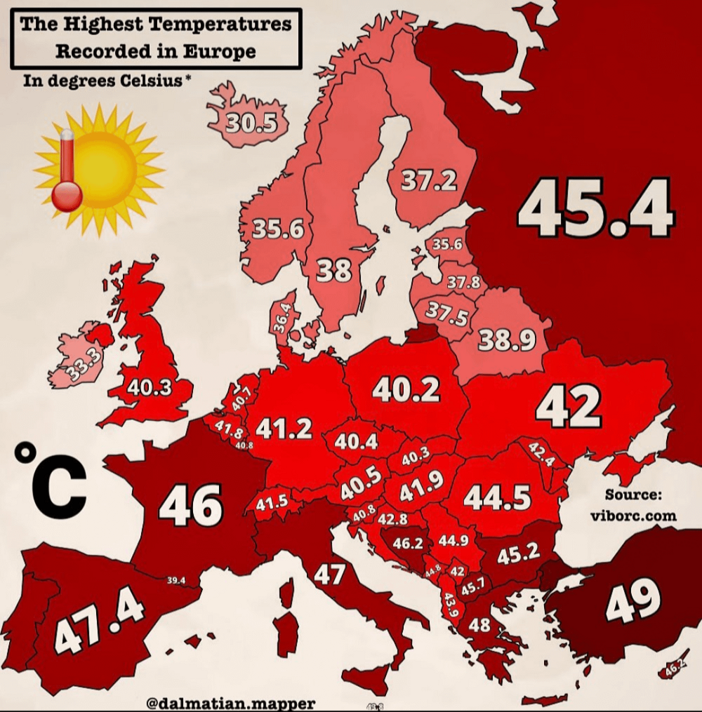 26. Самая высокая температура, зарегистрированная в странах Европы