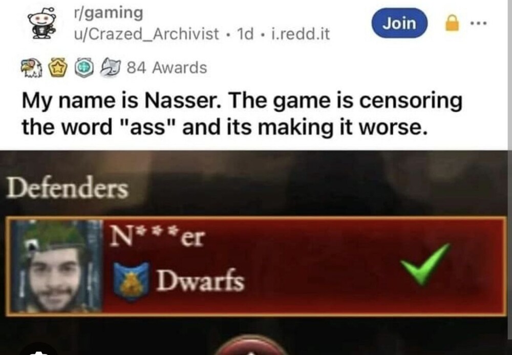 Меня зовут Нассер. Игра цензурирует внутри моего имени слово «ass» (жопа), но так получается еще хуже («nigger»).