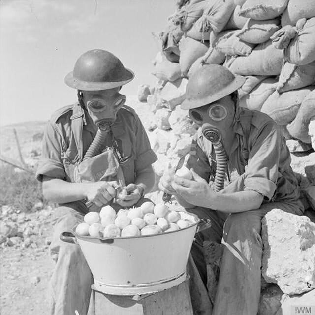 25. Солдаты используют противогазы для чистки лука, 1941 год