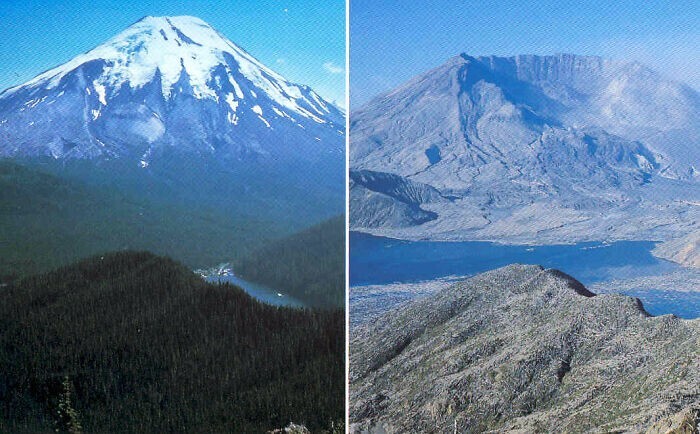 21. Стратовулкан Сент-Хеленс до и после извержения в 1980 году
