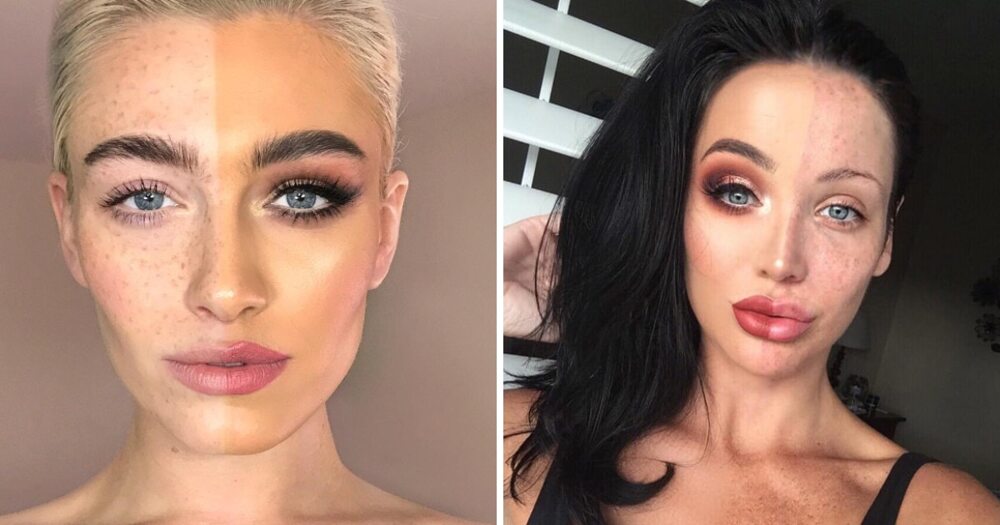 Девушки нанесли макияж только на одну сторону лица, чтобы показать, как именно он меняет внешность