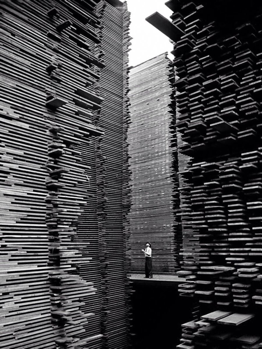 24. Мужчина стоит на складе пиломатериалов компании Seattle Cedar Lumber Manufacturing, 1939 год