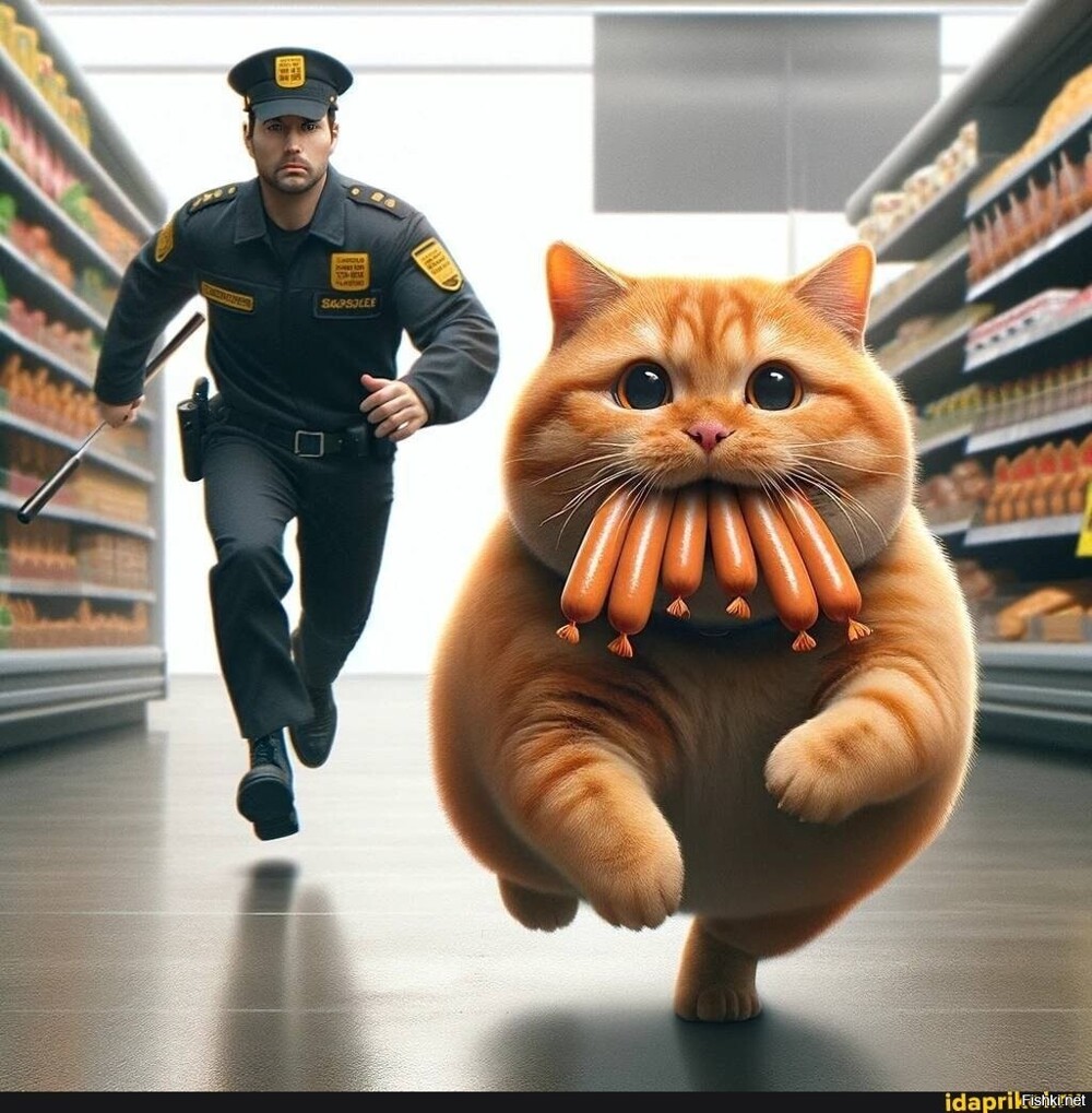 Судя по количеству сосисок у кота, охранник бежит рядом