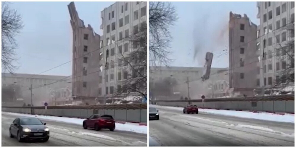 Во время сноса здания в Москве часть стены упала прямо на дорогу