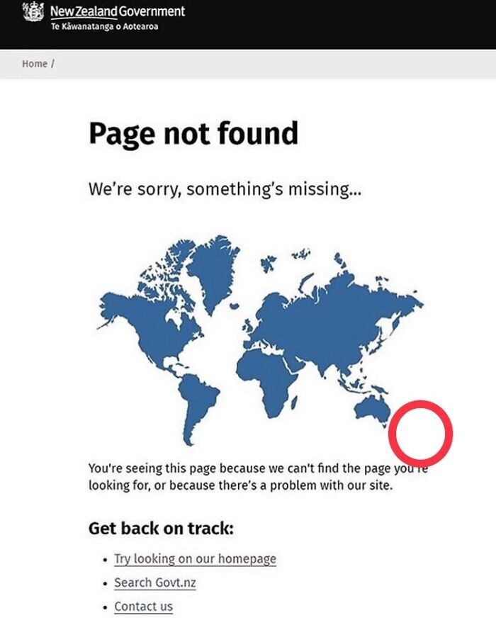 На странице 404 сайта правительства Новой Зеландии изображена карта мира, на которой нет Новой Зеландии