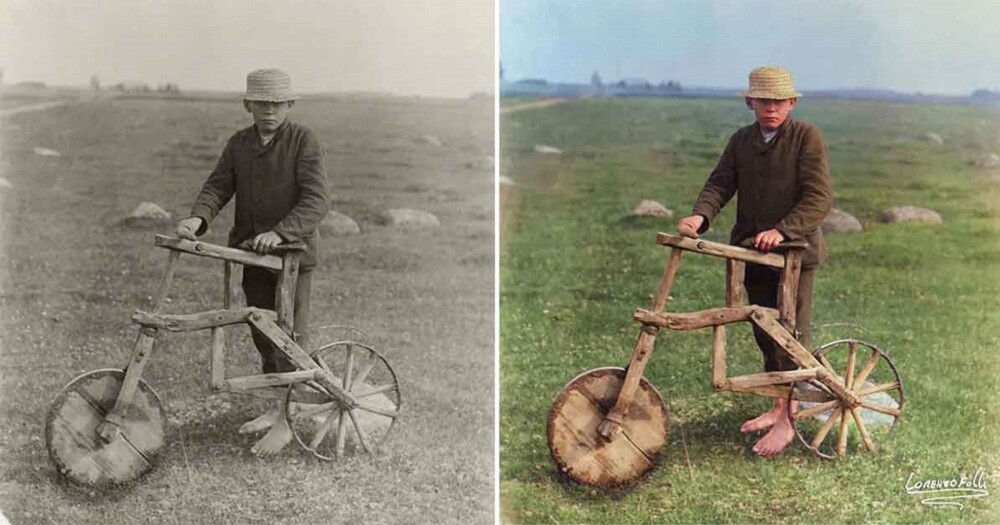 1. Мальчик из Тарвасту, Эстония, на деревянном велосипеде собственного изготовления, 1912 год
