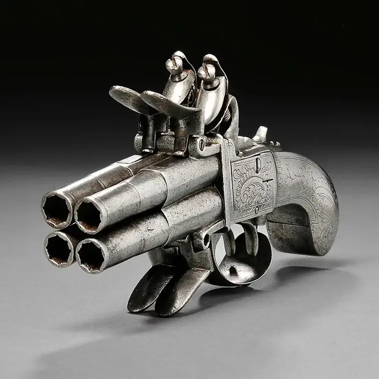 6. Четырёхствольный пистолет с кремнёвым замком (XVIII век)