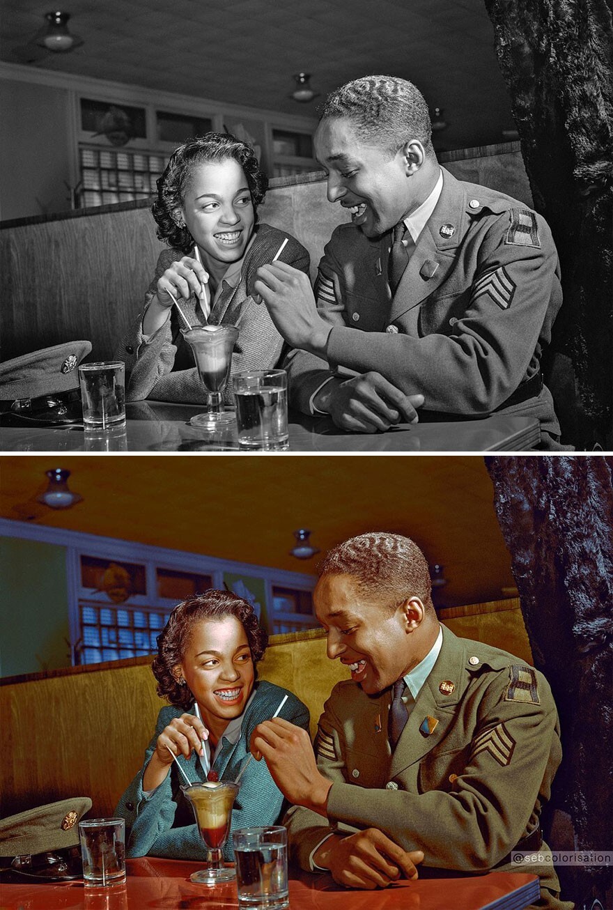 1. Сержант Франклин Уильямс во время отпуска со своей подругой Эллен Хардин, Балтимор, штат Мэриленд, март 1942 года