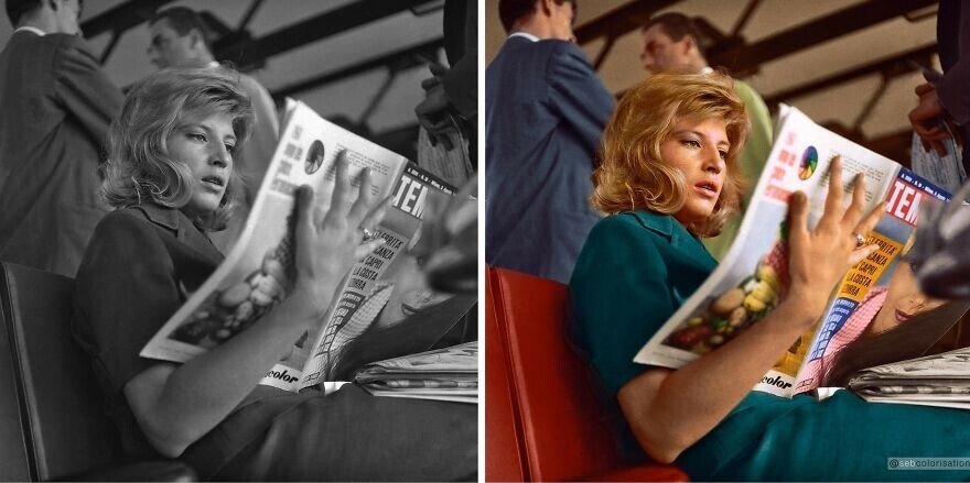 23. Актриса Моника Витти читает журналы в аэропорту Рима, июль 1961 года
