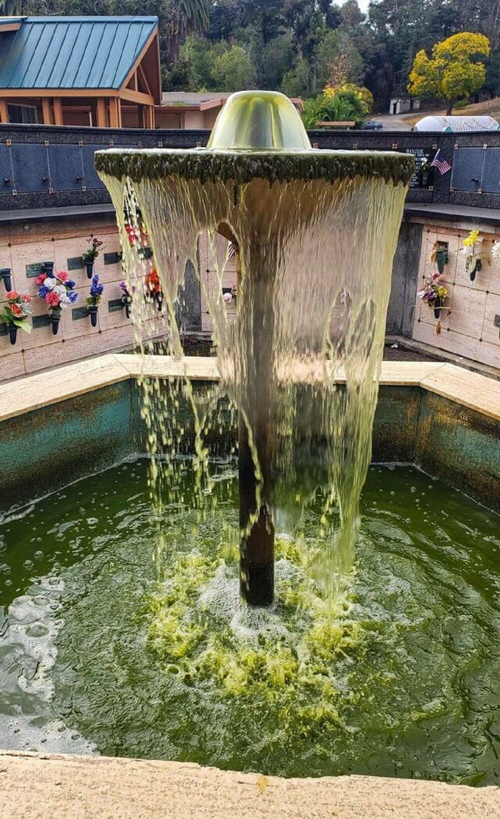 16. Вода в этом фонтане на кладбище имеет ярко-зеленый цвет