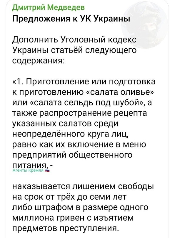 Дмитрий Медведев стремительным домкратом прошёлся по лохлам, которые покатили бочку на наш салат "Селёдка под шубой"