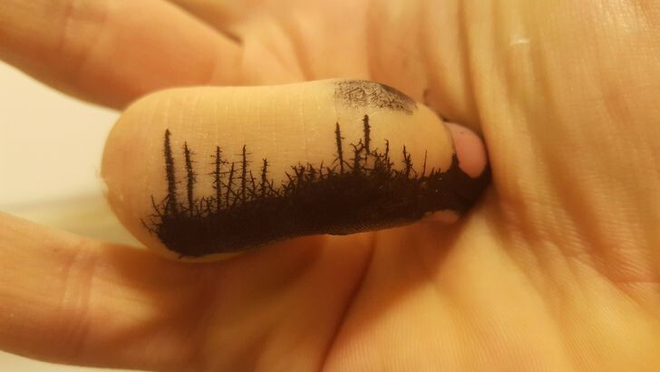 7. Чернильные пятна на моем пальце выглядят как лес после пожара