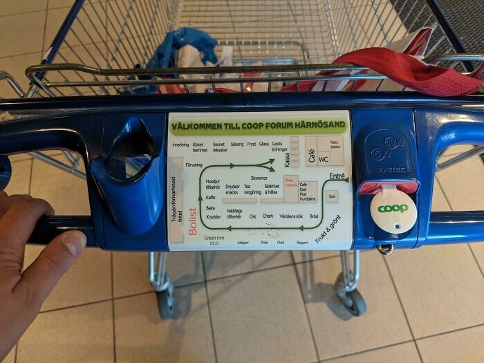 19. Тележки для супермаркетов в Швеции оснащены картой-схемой супермаркета