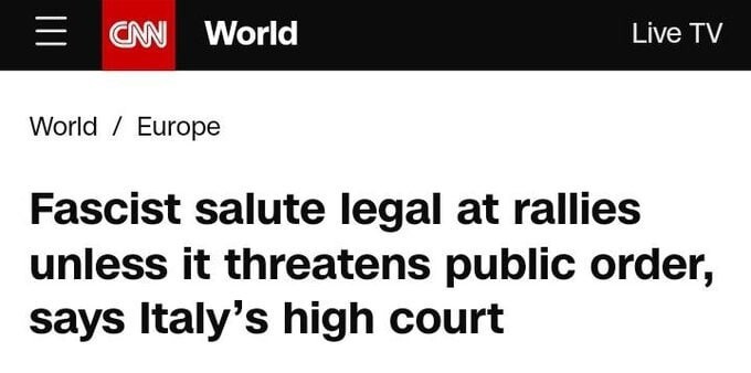 Верховный суд Италии постановил, что фашистские приветствия являются законными на митингах, если они не угрожают общественному порядку или не рискуют возродить запрещенную фашистскую партию страны