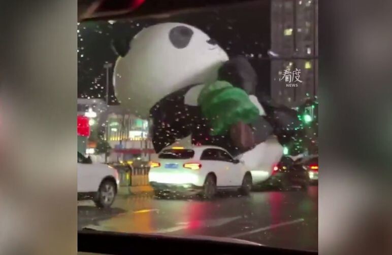 Гигантская панда навела суету и придавила машину