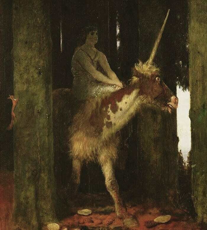 25. Очаровательная картина «Молчание леса» (1885), на которой нимфа выезжает из тёмного леса на спине испуганного единорога