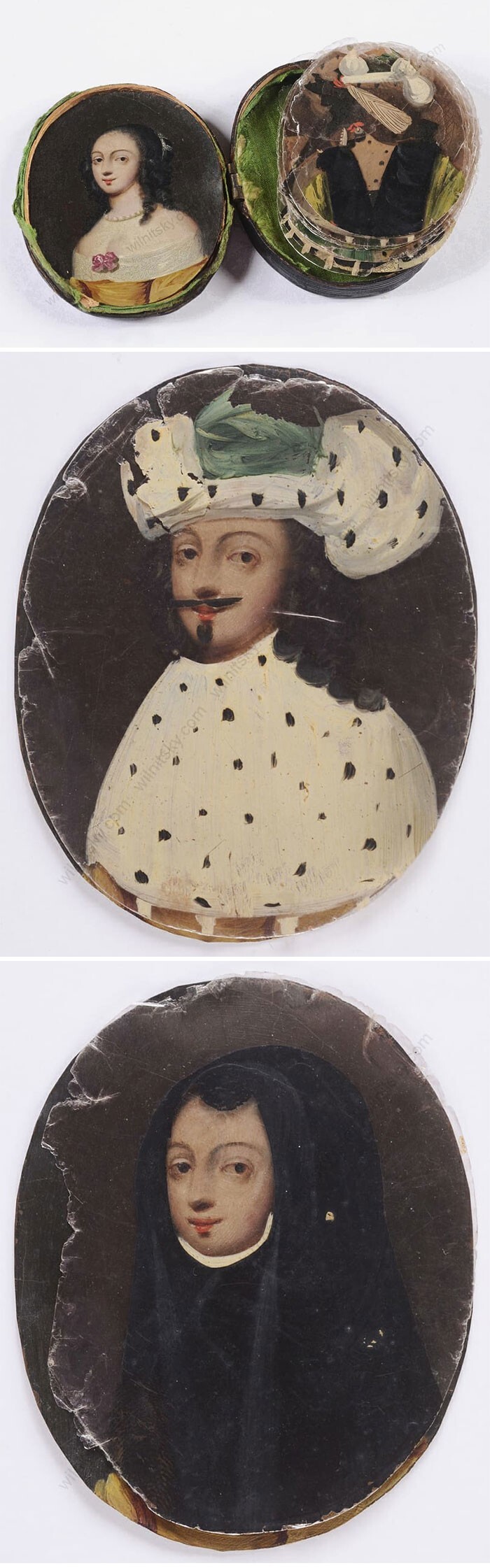 2. Многоликая женщина! Необычное увлечение середины 1600-х годов: миниатюрные масляные портреты, на которые с помощью прозрачных кусочков слюды накладывали различные костюмы