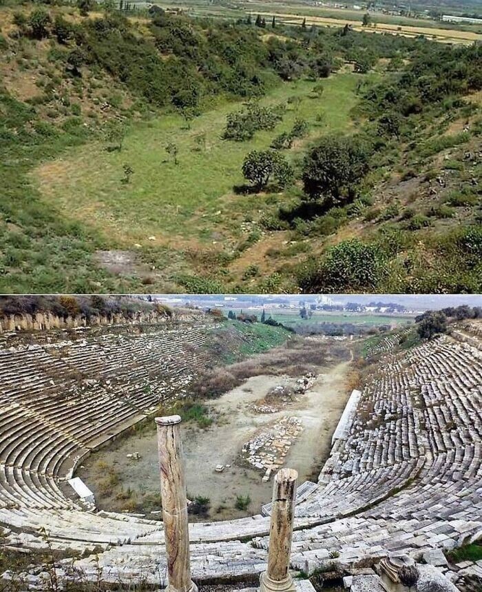 25. Стадион античного города Магнесия-на-Меандре, находится неподалеку от города Герменджик, провинция Айдын, Турция. До и после раскопок