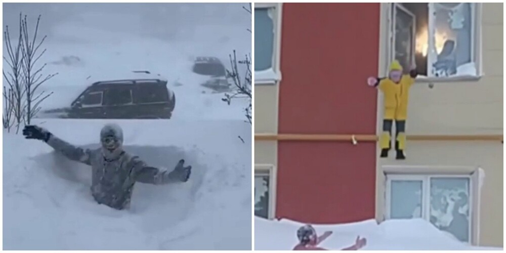 На Сахалине местные жители прыгают с крыши и сбрасывают своих детей в снег