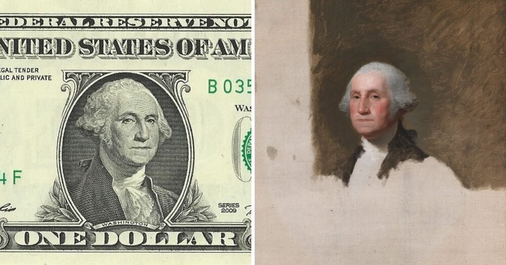 Изображение Джорджа Вашингтона, помещённое на 1-долларовую купюру, было взято из незавершённого портрета