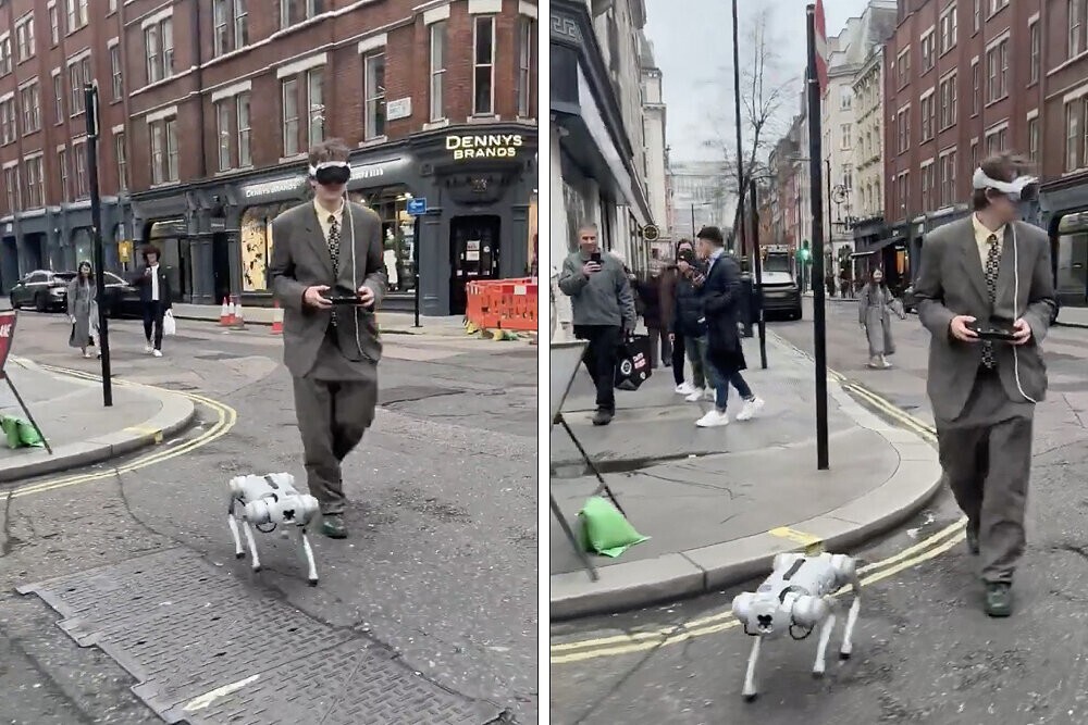 Необычный пешеход: в сети обсуждают парня в VR-очках, выгуливающего робособаку