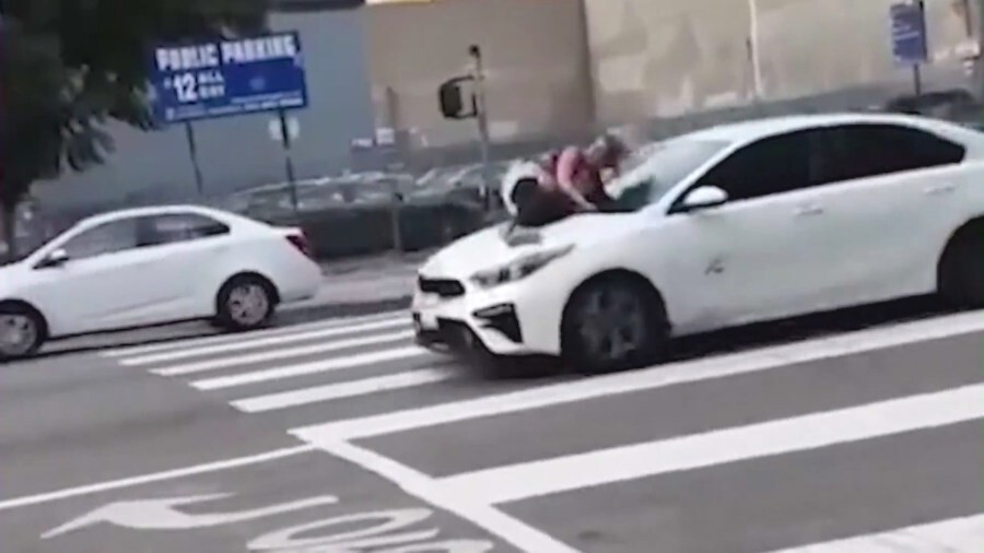 Женщина ринулась на капот машины, пытаясь вернуть свою собаку