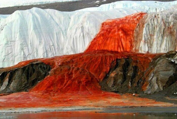 11. Кровавый водопад в Антарктиде. Красный цвет обусловлен высокой концентрацией железа в воде
