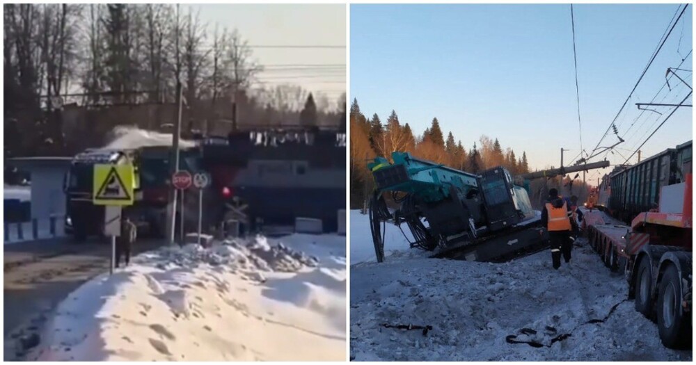 В Пермском крае товарный поезд протаранил заглохший на переезде грузовик