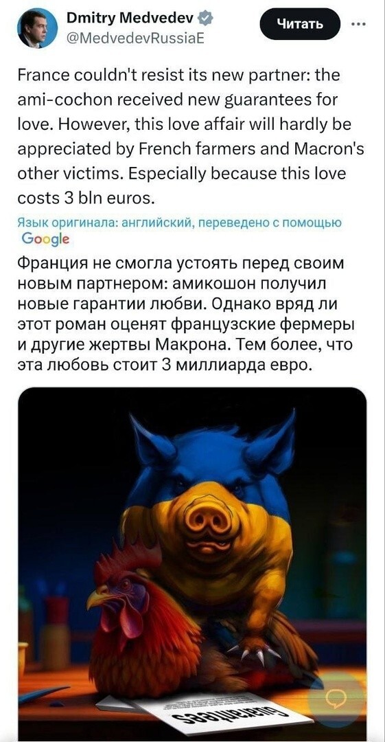 Медведев выложил пикчу свиньи, разукрашенную в флаг Украины