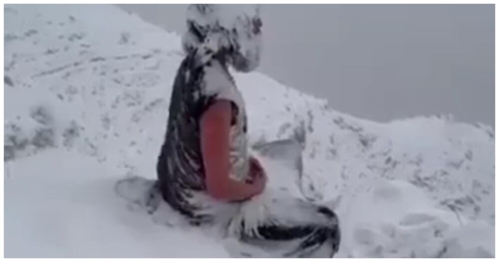 Монах медитирует в горах во время снегопада