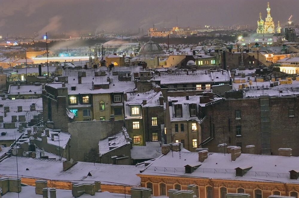 Вид на крыши зимнего Петербурга.