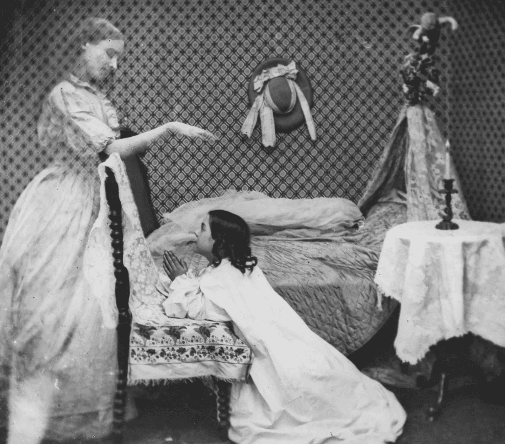 Призрак является молодой девушке, когда она молится у своей кровати, 1860 год