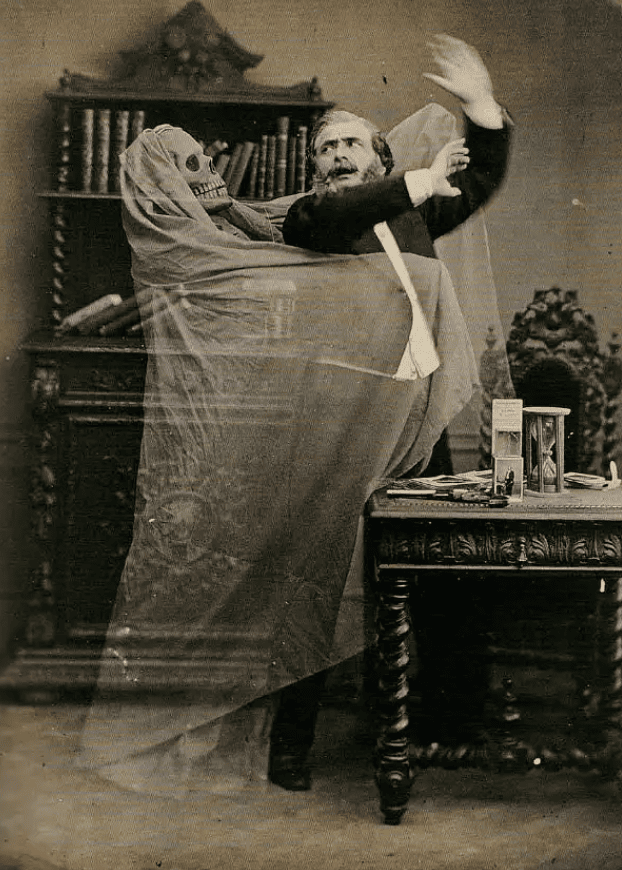 Иллюзионист Анри Робен демонстрирует свои способности к общению с призраками, 1863 год