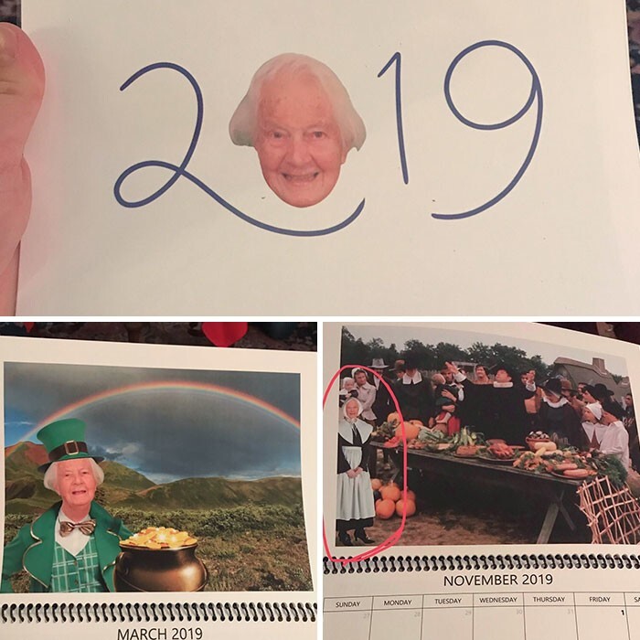 3. «В 2019 году моя 97-летняя бабушка подарила нам календарь с забавными отфотошопленными снимками с ее участием на каждый месяц»